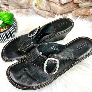 BORN Black Pebbled Leather Thong Wedge Sandals, 10/42EU
